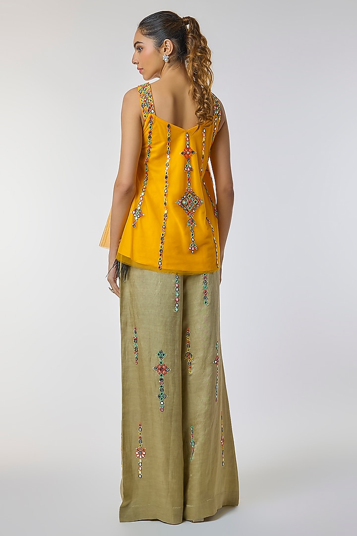 Sage Blended Linen Mirror Work Trousers by Dilnaz Karbhary at Pernia's Pop Up Shop
