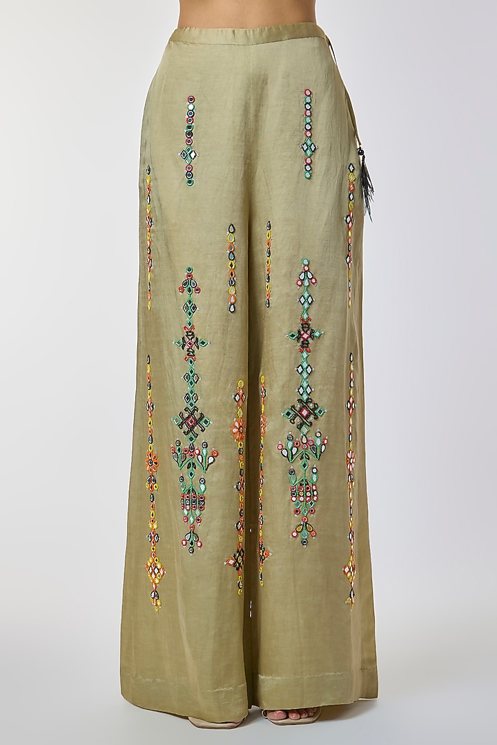 Sage Blended Linen Mirror Work Trousers by Dilnaz Karbhary at Pernia's Pop Up Shop