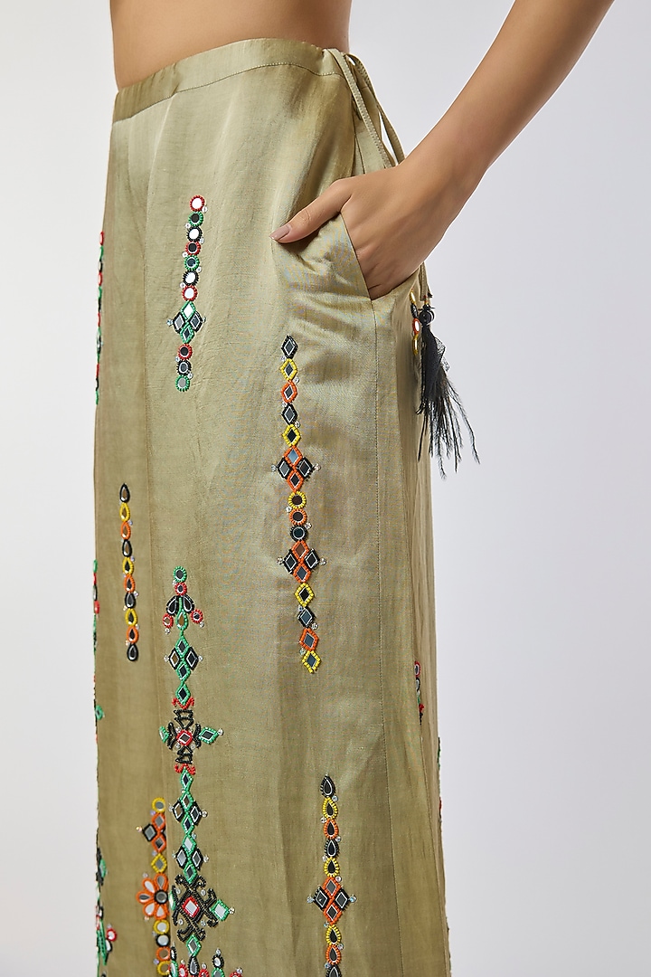 Sage Blended Linen Mirror Work Trousers by Dilnaz Karbhary at Pernia's Pop Up Shop