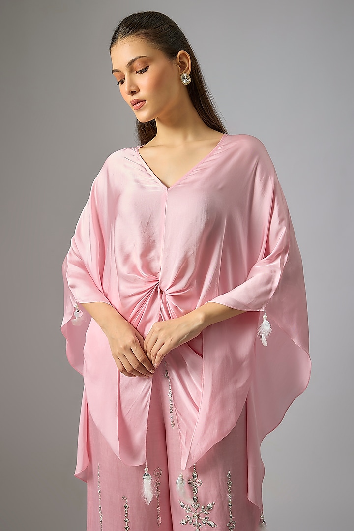 Light Pink Blended Satin Draped Kaftan by Dilnaz Karbhary at Pernia's Pop Up Shop