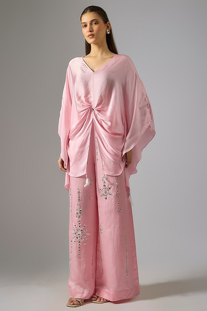 Light Pink Blended Satin Draped Kaftan by Dilnaz Karbhary at Pernia's Pop Up Shop