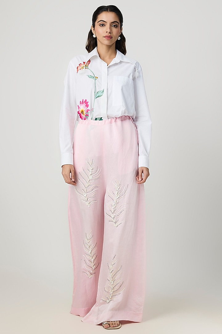 Light Pink Blended Linen Trousers by Dilnaz Karbhary at Pernia's Pop Up Shop