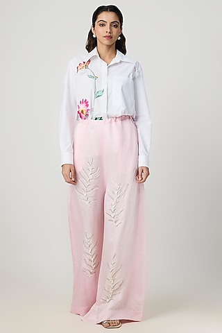 Light Pink Blended Linen Trousers by Dilnaz Karbhary