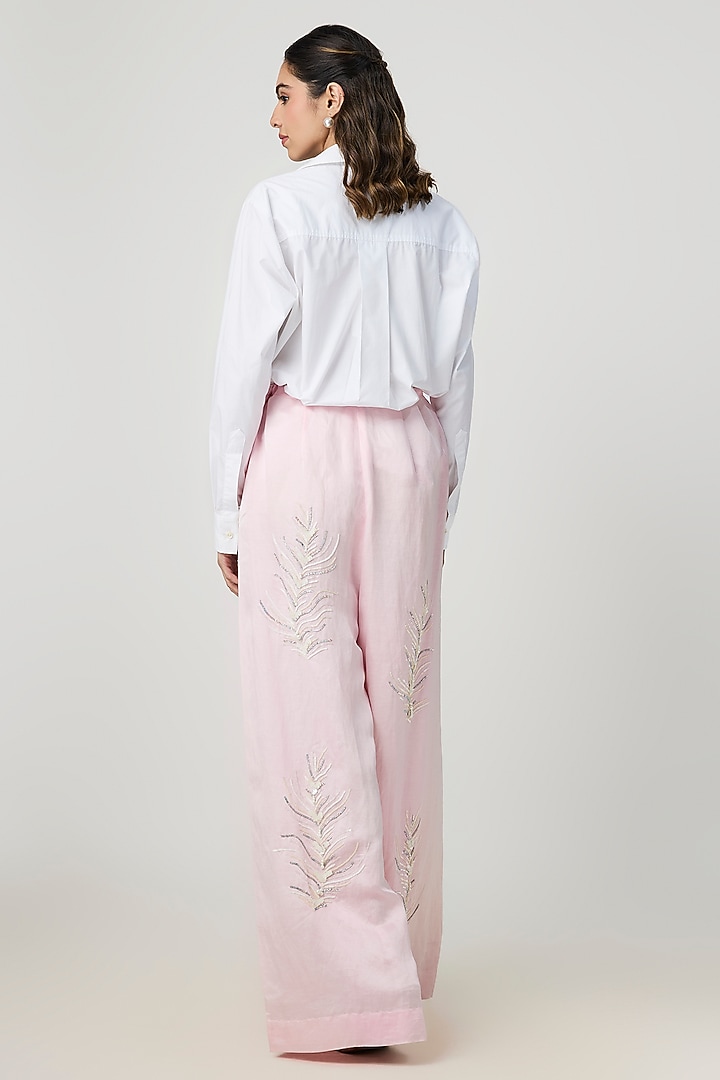 Light Pink Blended Linen Trousers by Dilnaz Karbhary at Pernia's Pop Up Shop