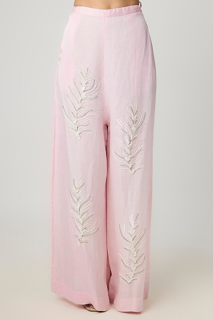 Light Pink Blended Linen Trousers by Dilnaz Karbhary at Pernia's Pop Up Shop