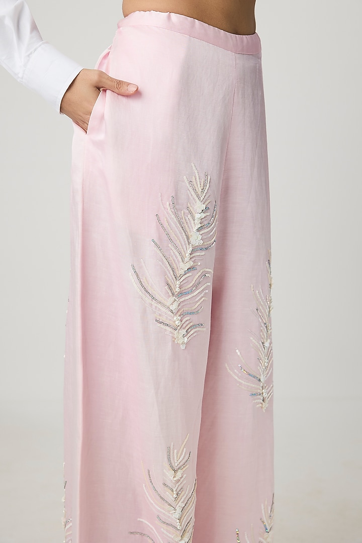 Light Pink Blended Linen Trousers by Dilnaz Karbhary at Pernia's Pop Up Shop