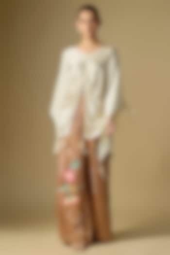 Chocolate Brown Blended Linen Cutdana Work Trousers by Dilnaz Karbhary at Pernia's Pop Up Shop