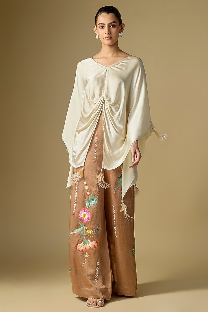 Chocolate Brown Blended Linen Cutdana Work Trousers by Dilnaz Karbhary at Pernia's Pop Up Shop