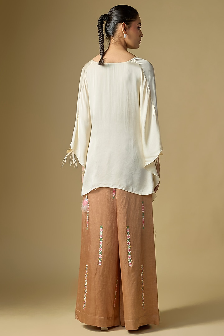  Chocolate Brown Blended Linen Cutdana Work Trousers by Dilnaz Karbhary at Pernia's Pop Up Shop