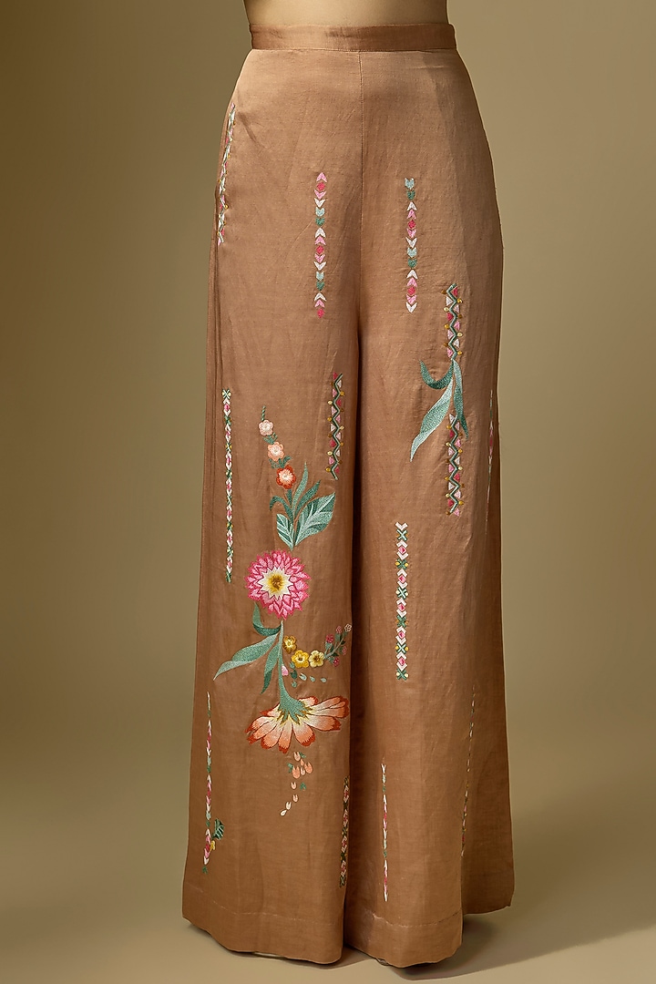 Chocolate Brown Blended Linen Cutdana Work Trousers by Dilnaz Karbhary at Pernia's Pop Up Shop