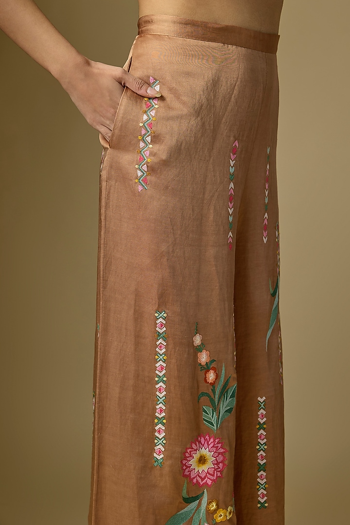  Chocolate Brown Blended Linen Cutdana Work Trousers by Dilnaz Karbhary at Pernia's Pop Up Shop