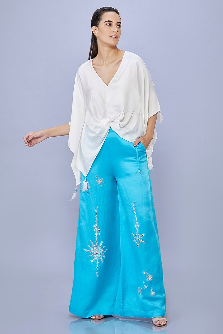 Pop Blue Blended Satin Linen Pearl Embroidered Trousers by Dilnaz Karbhary at Pernia's Pop Up Shop