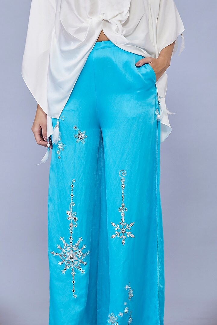 Pop Blue Blended Satin Linen Pearl Embroidered Trousers by Dilnaz Karbhary at Pernia's Pop Up Shop