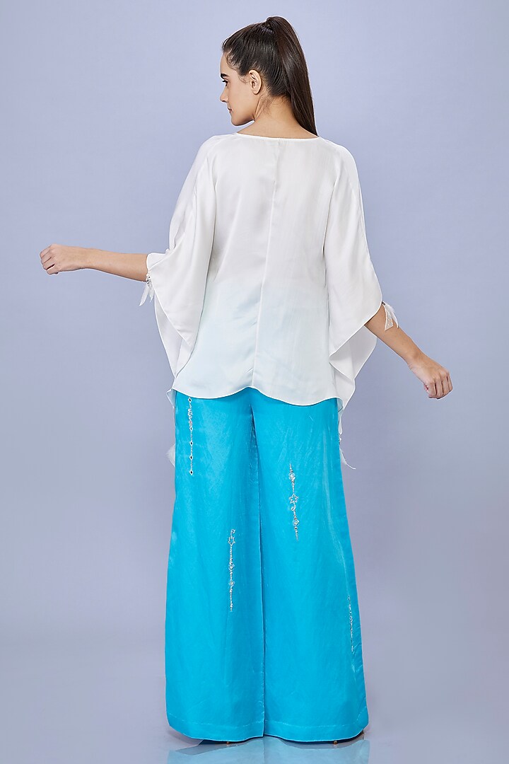 Pop Blue Blended Satin Linen Pearl Embroidered Trousers by Dilnaz Karbhary at Pernia's Pop Up Shop