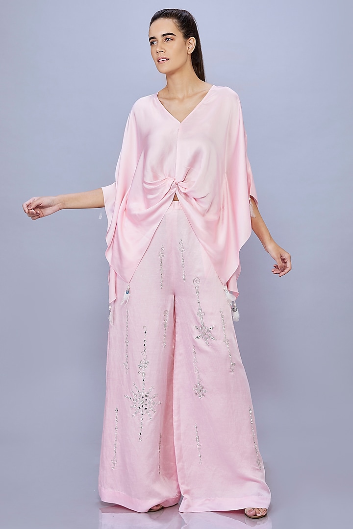 Light Pink Blended Satin Linen Trousers by Dilnaz Karbhary at Pernia's Pop Up Shop