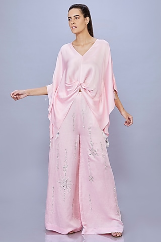 Light Pink Blended Satin Linen Trousers by Dilnaz Karbhary