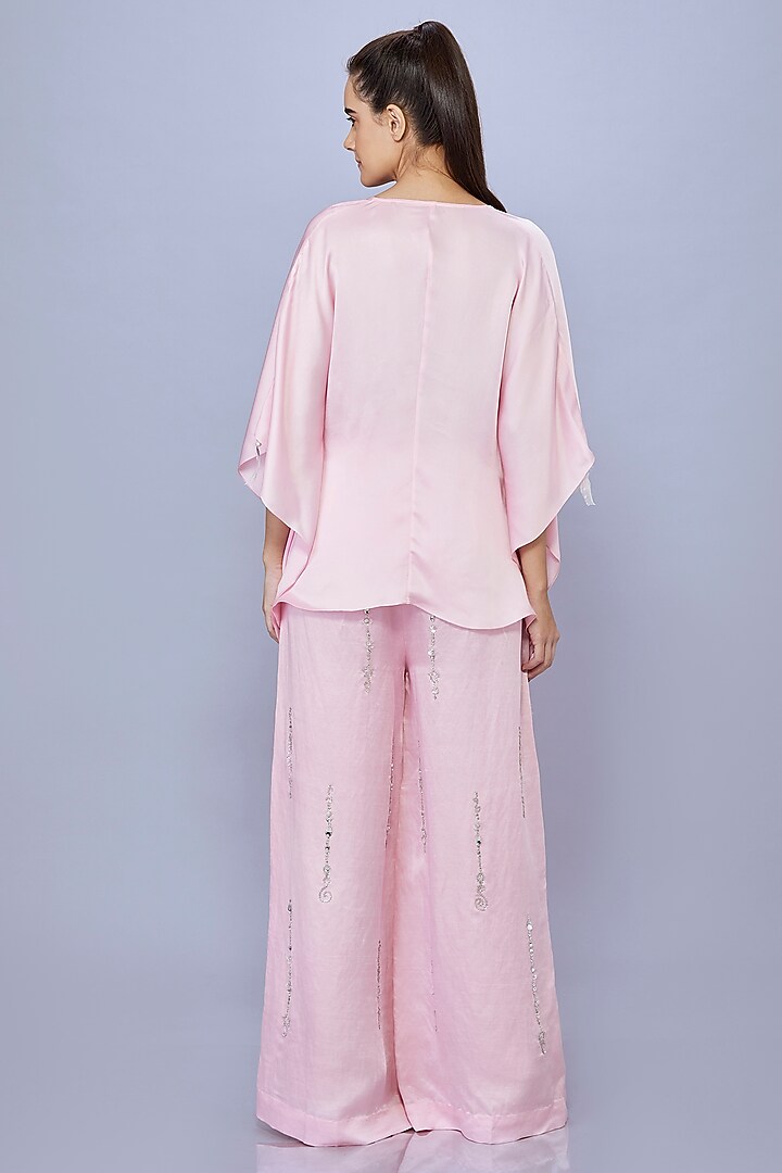 Light Pink Blended Satin Linen Trousers by Dilnaz Karbhary at Pernia's Pop Up Shop