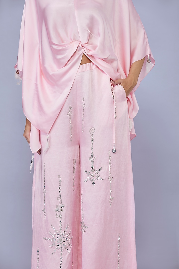 Light Pink Blended Satin Linen Trousers by Dilnaz Karbhary at Pernia's Pop Up Shop