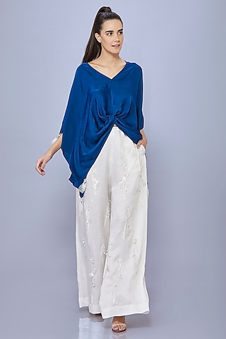 Ivory Pink Blended Satin Linen Trousers by Dilnaz Karbhary