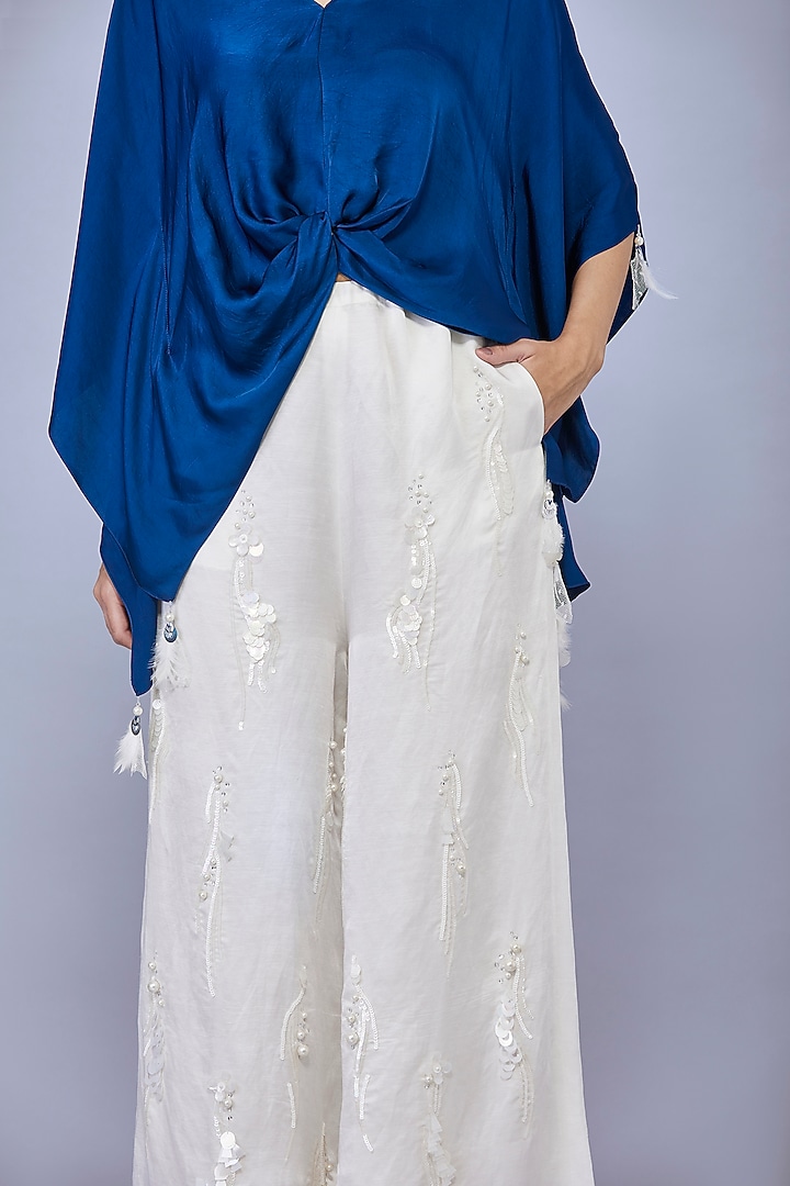 Ivory Pink Blended Satin Linen Trousers by Dilnaz Karbhary at Pernia's Pop Up Shop