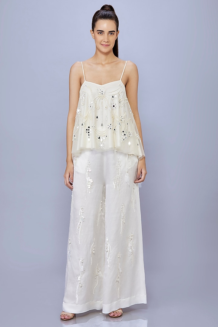 Ivory Pink Blended Satin Linen Trousers by Dilnaz Karbhary at Pernia's Pop Up Shop
