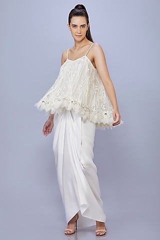 Ivory Blended Satin Draped Skirt by Dilnaz Karbhary