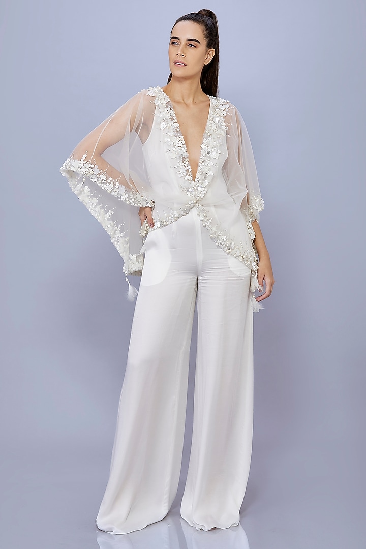 Ivory Blended Satin Jumpsuit With Kaftan by Dilnaz Karbhary at Pernia's Pop Up Shop