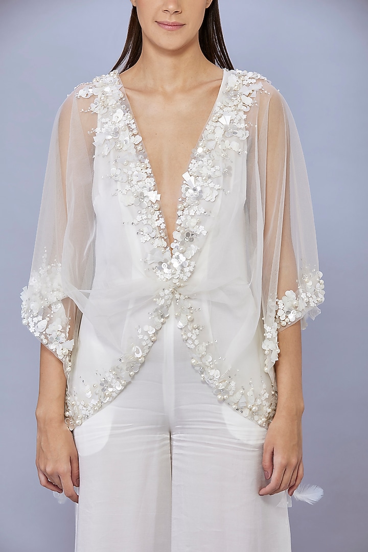 Ivory Blended Satin Jumpsuit With Kaftan by Dilnaz Karbhary at Pernia's Pop Up Shop