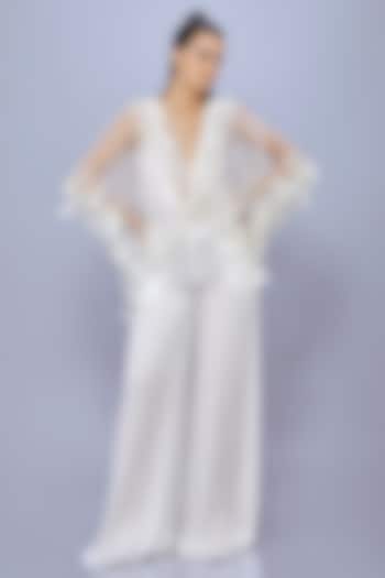 Ivory Blended Satin Jumpsuit With Kaftan by Dilnaz Karbhary at Pernia's Pop Up Shop
