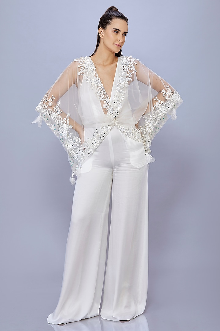 Ivory Blended Satin Jumpsuit With Kaftan by Dilnaz Karbhary at Pernia's Pop Up Shop
