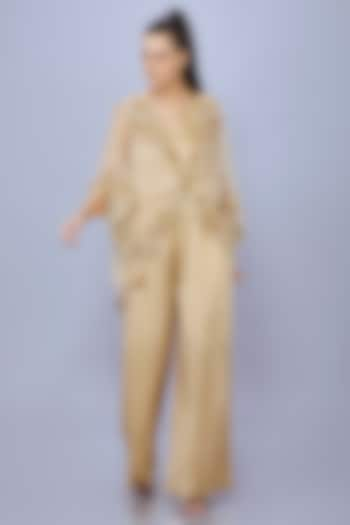 Gold Net Jumpsuit With Kaftan by Dilnaz Karbhary at Pernia's Pop Up Shop