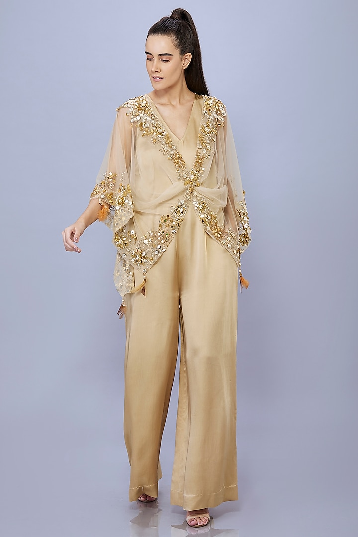 Gold Net Jumpsuit With Kaftan by Dilnaz Karbhary at Pernia's Pop Up Shop