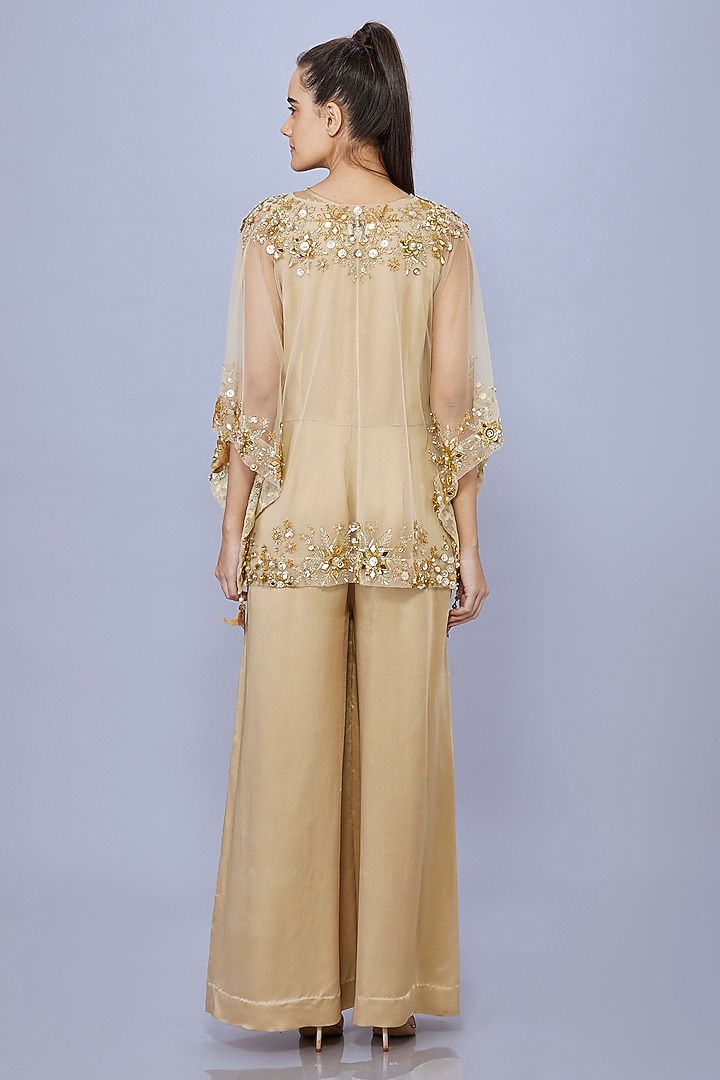 Gold Net Jumpsuit With Kaftan by Dilnaz Karbhary at Pernia's Pop Up Shop