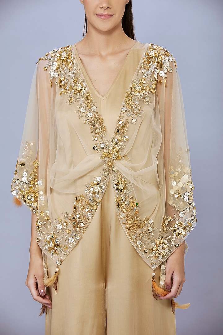 Gold Net Jumpsuit With Kaftan by Dilnaz Karbhary at Pernia's Pop Up Shop