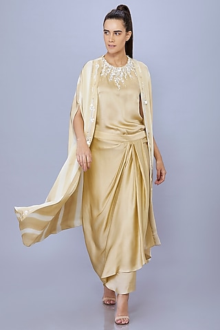 Gold Blended Satin Tie-Dyed Cape Set by Dilnaz Karbhary
