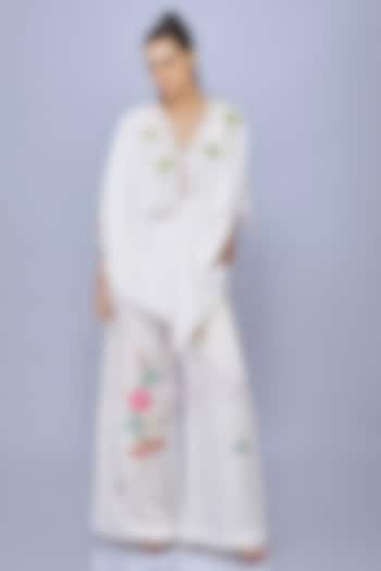 White Linen Cotton Thread Embroidered Draped Kaftan by Dilnaz Karbhary at Pernia's Pop Up Shop