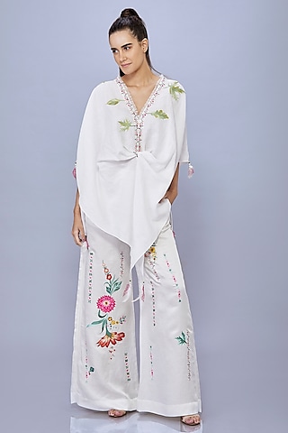 White Linen Cotton Thread Embroidered Draped Kaftan by Dilnaz Karbhary