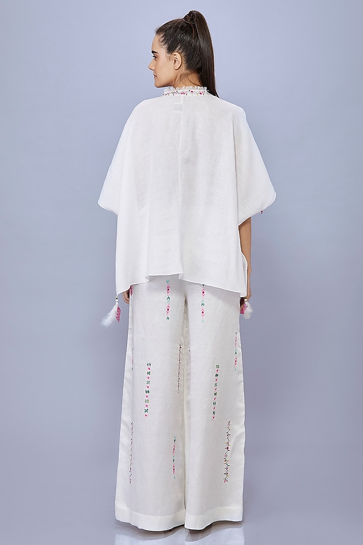 White Linen Cotton Thread Embroidered Draped Kaftan by Dilnaz Karbhary at Pernia's Pop Up Shop