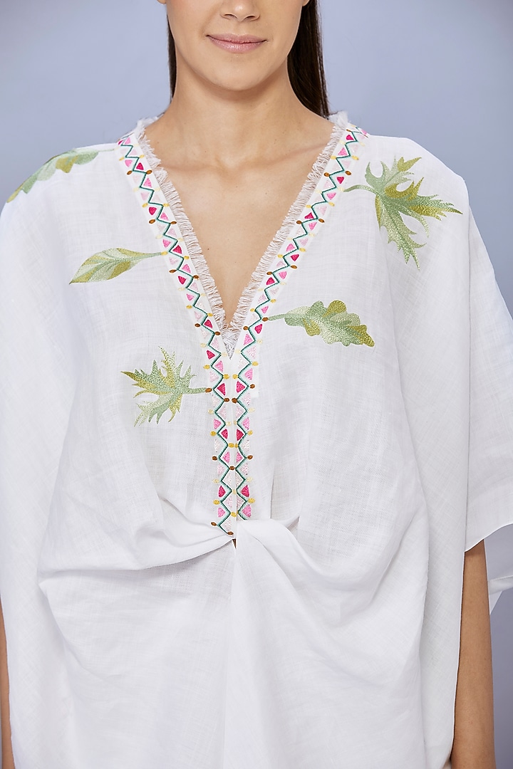 White Linen Cotton Thread Embroidered Draped Kaftan by Dilnaz Karbhary at Pernia's Pop Up Shop