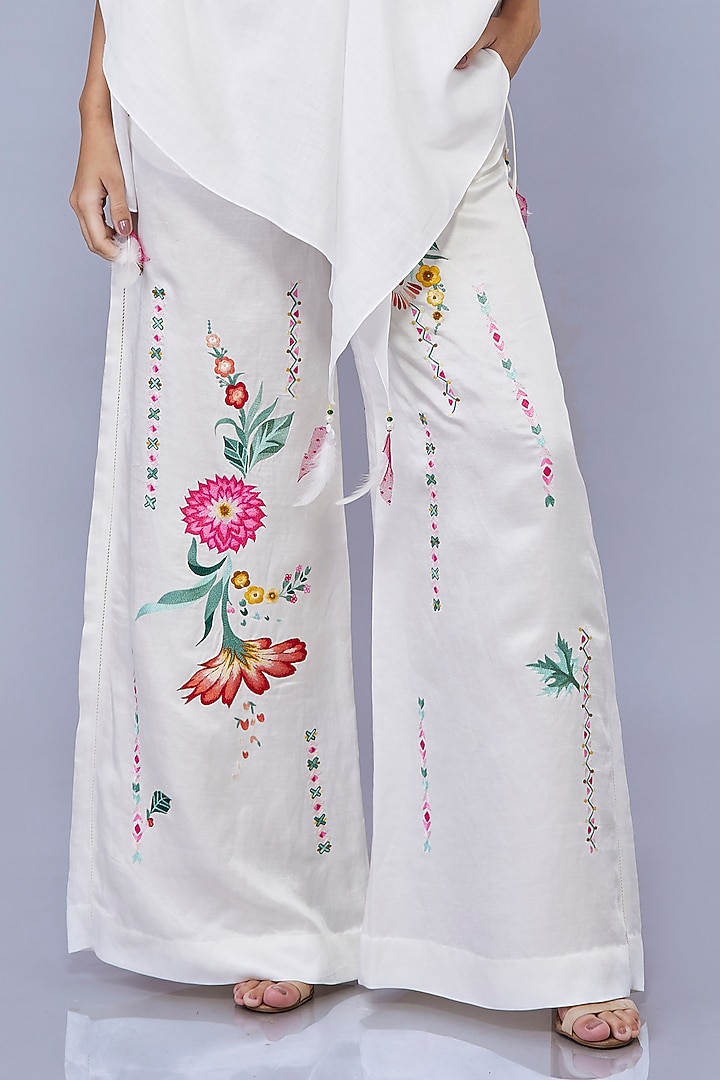 White Linen Cotton Thread Embroidered Draped Kaftan by Dilnaz Karbhary at Pernia's Pop Up Shop