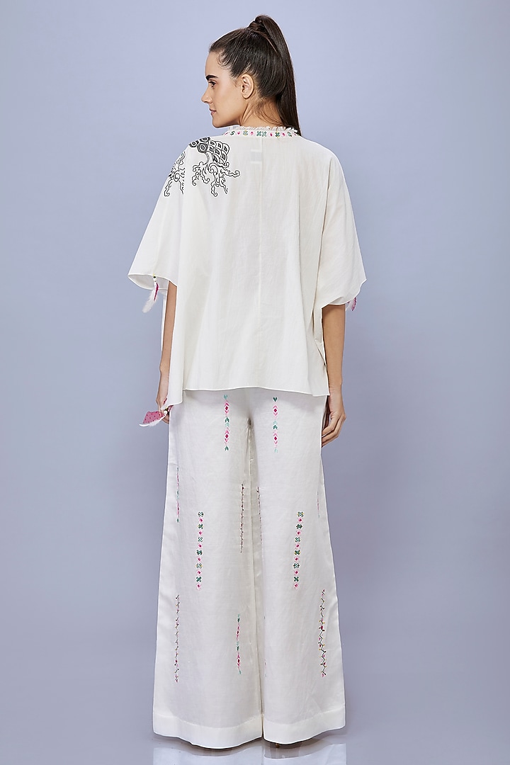 Cream Organic Cotton Thread Embroidered Draped Kaftan by Dilnaz Karbhary at Pernia's Pop Up Shop