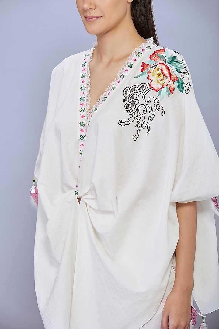 Cream Organic Cotton Thread Embroidered Draped Kaftan by Dilnaz Karbhary at Pernia's Pop Up Shop