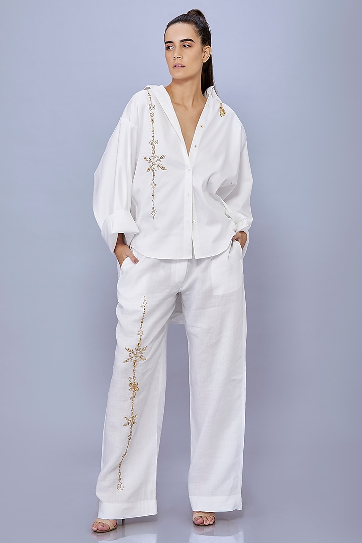 White Cotton Diamond Embroidered Shirt by Dilnaz Karbhary at Pernia's Pop Up Shop