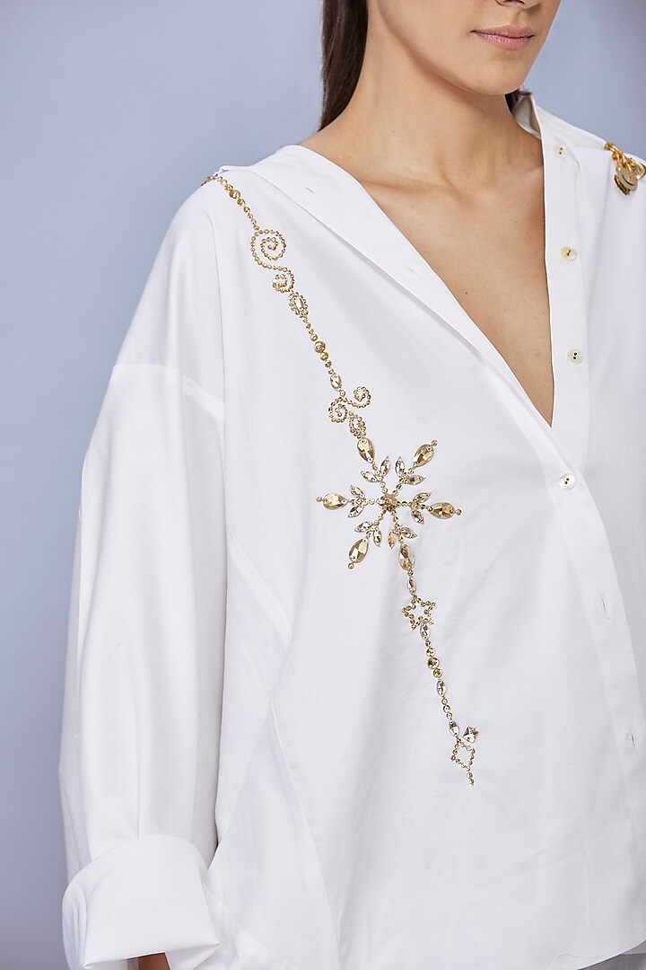 White Cotton Diamond Embroidered Shirt by Dilnaz Karbhary at Pernia's Pop Up Shop