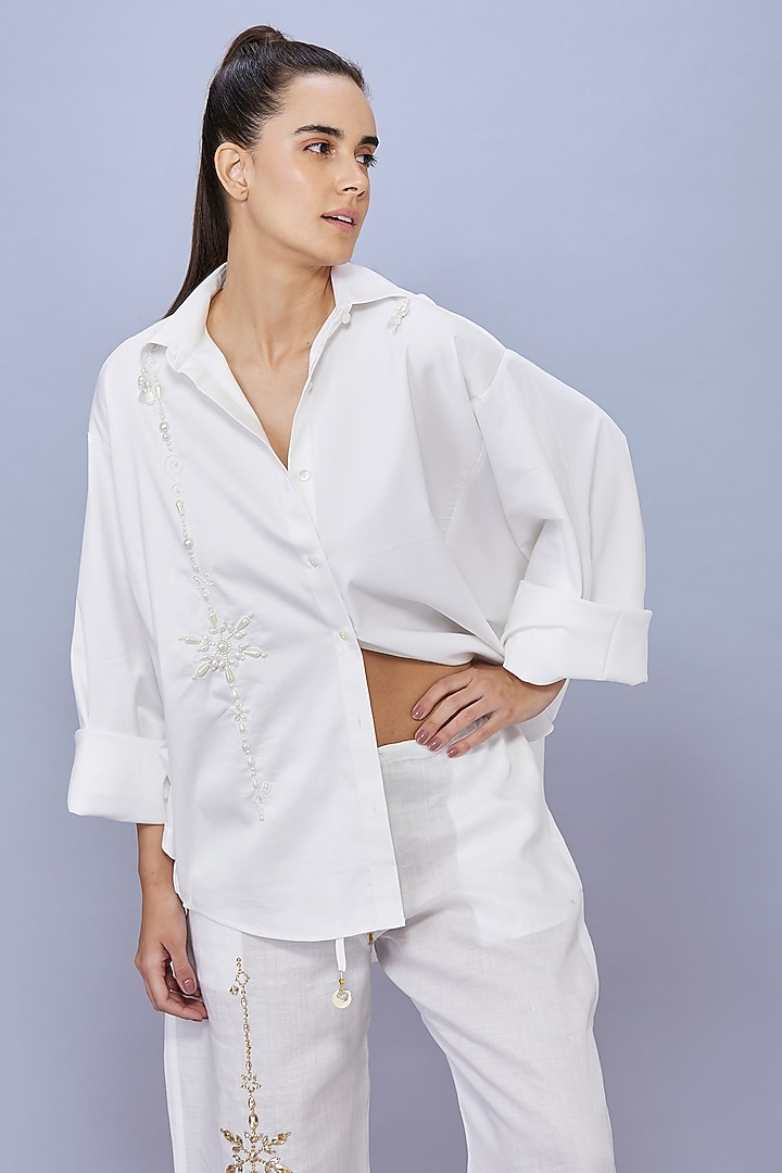 White Cotton Pearl Embroidered Shirt by Dilnaz Karbhary at Pernia's Pop Up Shop