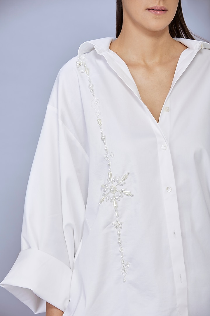 White Cotton Pearl Embroidered Shirt by Dilnaz Karbhary at Pernia's Pop Up Shop