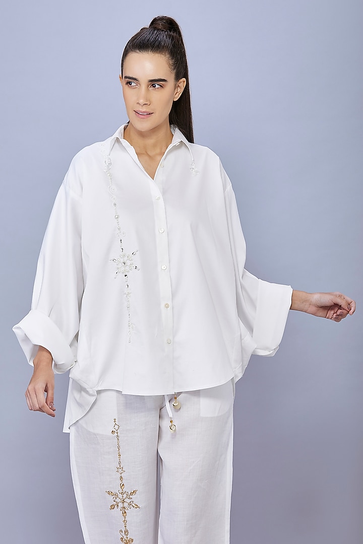 White Cotton Pearl Embroidered Shirt by Dilnaz Karbhary at Pernia's Pop Up Shop