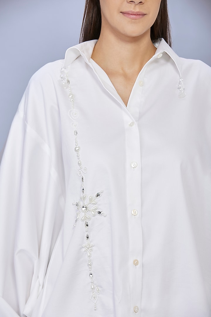 White Cotton Pearl Embroidered Shirt by Dilnaz Karbhary at Pernia's Pop Up Shop