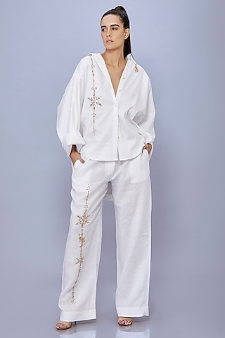 White Cotton Linen Trousers by Dilnaz Karbhary