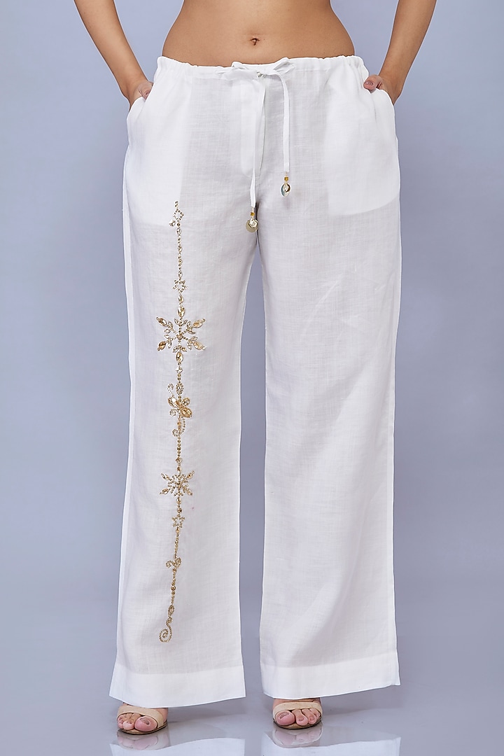 White Cotton Linen Trousers by Dilnaz Karbhary at Pernia's Pop Up Shop